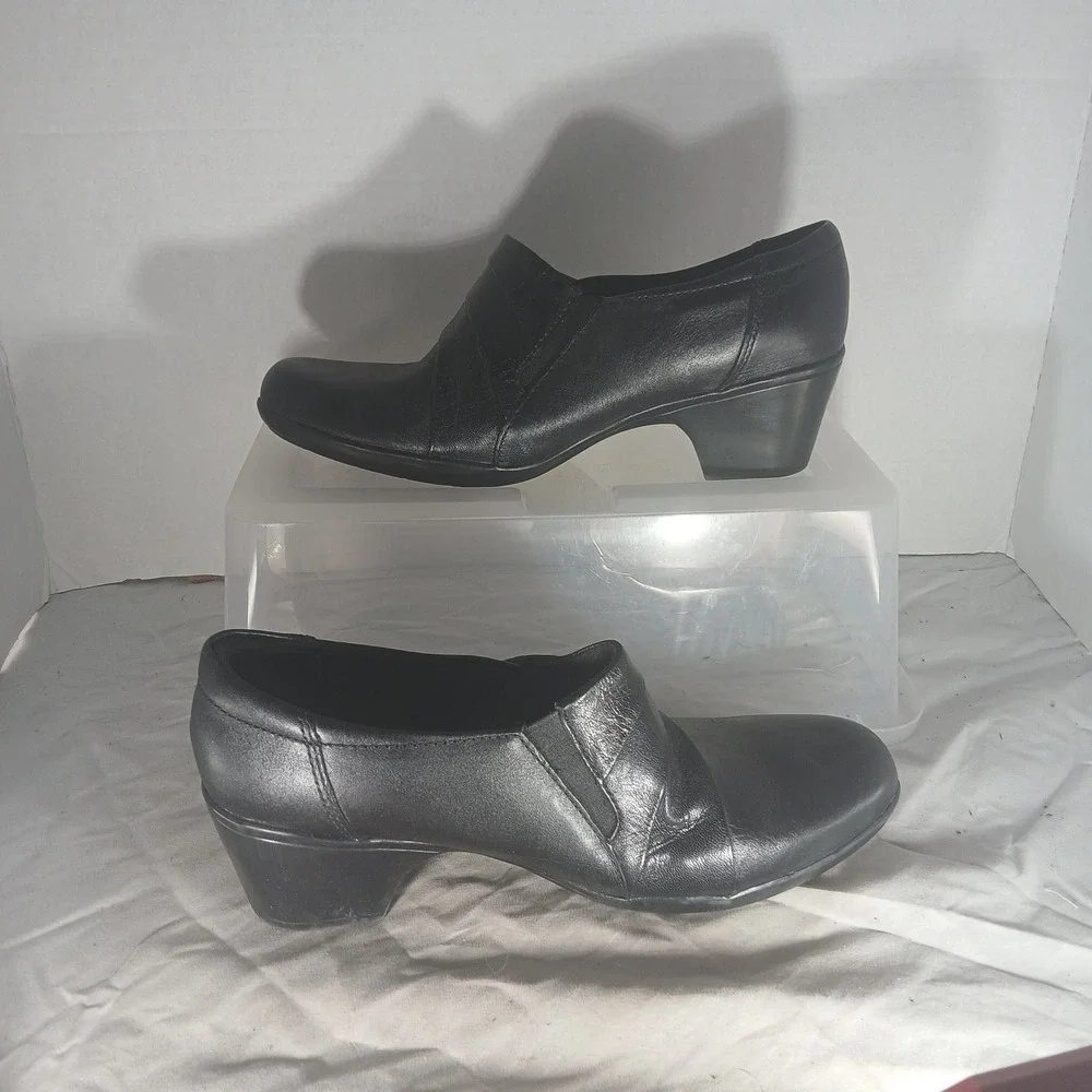 Clarks Bendables 62720 Womens Black Leather Slip On‎ Block Heel Shoes Size 9M
